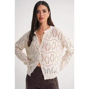 6934 Kadın Baklava Desenli Mevsimlik Ajurlu Hırka Naturel