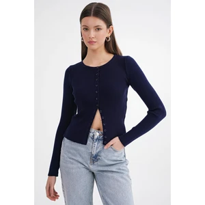 6931 Kadın Düğmeli Fitilli Triko Hırka Lacivert
