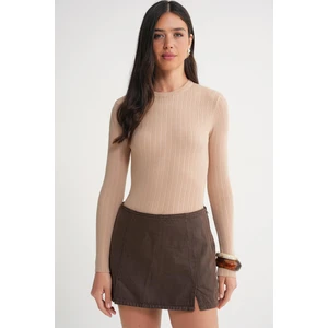 6938 Kadın Bisiklet Yaka Fitilli Triko Body Camel