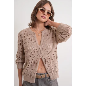 6934 Kadın Baklava Desenli Mevsimlik Ajurlu Hırka Camel