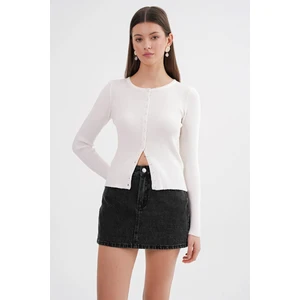 6931 Kadın Düğmeli Fitilli Triko Hırka Beyaz