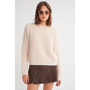 6918 Kadın Uzun Sakallı Triko Kazak Naturel