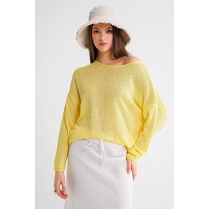 6933 Kadın Kayık Yaka Ince Mevsimlik Triko Kazak Sarı