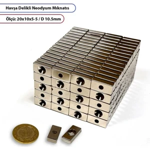 Havşa Delikli Neodyum Mıknatıs 20X10X5 mm - Havşa 10.5mm - Delik - 2mm