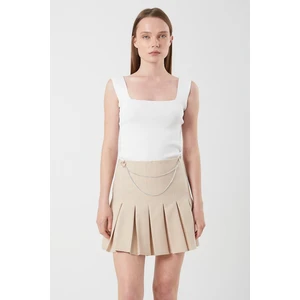 4155 Kadın Zincir Detay Pileli Mini Etek Bej