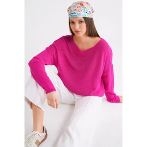 6933 Kadın Kayık Yaka Ince Mevsimlik Triko Kazak Fuşya