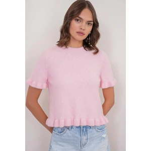 6974 Kadın Fırfırlı Yün Karışımlı Kısa Kol Premium Kazak Pembe