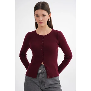 6931 Kadın Düğmeli Fitilli Triko Hırka Bordo