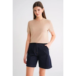 6935 Kadın Basic Triko Kısa Kollu Kazak Bej