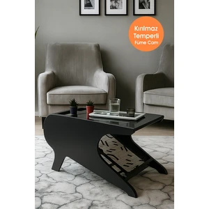 Geometrik Şık Tasarımlı Ekstra Dayanıklı Füme Camlı Ahşap Desenli Orta Sehpa & Dergilik