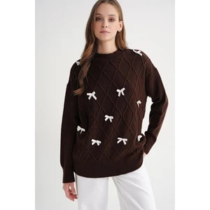 6946 Kadın Oversize Bisiklet Yaka Kurdeleli Triko Kazak Kahve