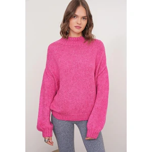 6700 Kadın Dik Yaka Balon Triko Kazak Fuşya