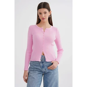 6931 Kadın Düğmeli Fitilli Triko Hırka Pembe