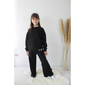 Siyah Leopar Kurdele Detaylı 3iplik Kız Çocuk Eşofman Takım