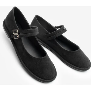 Kadın Çift Bantlı Tokalı Süet Babet Benus Siyah Süet