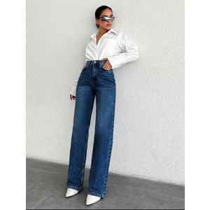 2021 Wide Leg Kadın Likralı Palazzo Kot Denim Pantolon KAPALI MAVİ