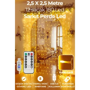 2.5 x 2.5 mt Usbli Kumandalı 8 Modlu Perde LED 12 Saçaklı 180 LED Kalın Kablolu Gün Işığı