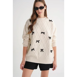 6946 Kadın Oversize Bisiklet Yaka Kurdeleli Triko Kazak Naturel