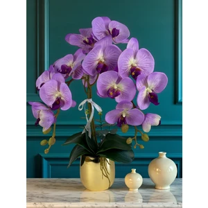Yapay Orkide Premium Kalite Doğal Görünümlü Gold Metal Saksı Yapay Çiçek 55 cm Mor Lila Hediyelik Dekor