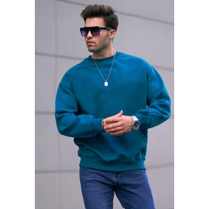 Petrol Mavi Bisiklet Yaka Oversize Şardonlu Basic Erkek Sweatshirt 6048