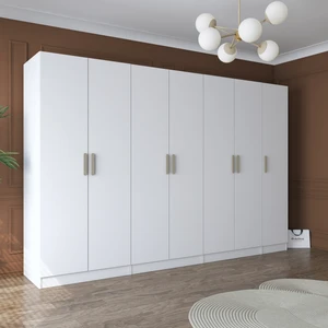 BA153 Geniş Gardırop Elbise Dolabı 7 Kapaklı 12 Raflı 3 Askılı Modüler Dolap Beyaz