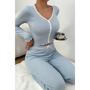 Merry See Önden Düğmeli Uzun Kollu Şık Pijama Takımı