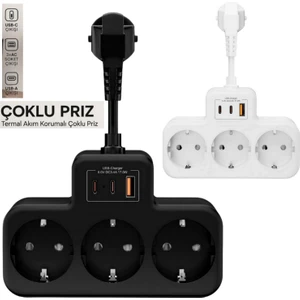 Beyaz Akıllı Priz Termal Korumalı 3 Prizli Çoklu Akım Prizi | 2 Usb-A + 1 USB -  Korumalı Priz