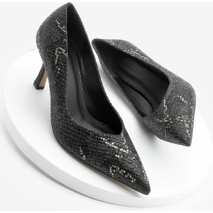 Kadın Stiletto Sivri Burun Yılan Desenli Topuklu Ayakkabı Tosey Siyah Yılan