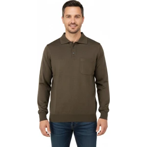 Erkek Uzun Kollu Polo Yaka Düz Renk Klasik Model Cepli Rahat Kesim Tam Kalıp Yünlü Dokuma Kazak