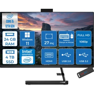 Ideacentre Aıo 3 27IAP7 Intel Core I5 12450H 24GB 4tb SSD WIN11HOME 27" Fhd (1920X1080) IPS 250NITS All In One Bilgisayar Siyah WF0GJ0129TRH10+ZETTAUSBBELLEK