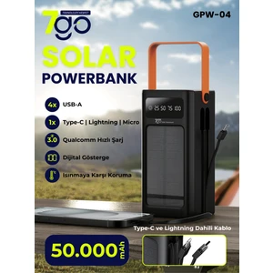7go Gpw-04 50.000MAH Solar Powerbank – 4xusb-A, Qualcomm 3.0 Hızlı Şarj, Dahili Lightning & Usb-C Kablo, Dijital Yüzdelik Ekran