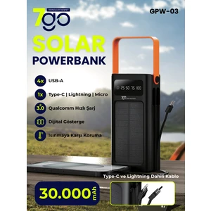 7go Gpw-03 30.000MAH Solar Powerbank – 4xusb-A, Qualcomm 3.0 Hızlı Şarj, Dahili Lightning & Usb-C Kablo, Dijital Yüzdelik Ekran
