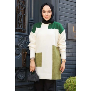 Blok Renkli Yeşil Tesettür Triko Kazak Tunik 88101Y