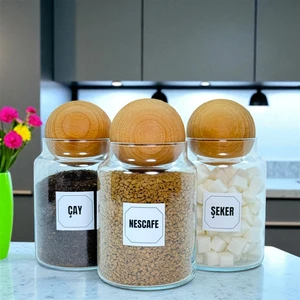 3'lü Ahşap Top Kapaklı Cam Çay Hazır Kahve Şeker Saklama Kavanozu Seti 800 ml Etiket Hediyeli