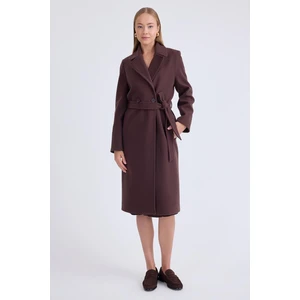 Önden Düğmeli Beli Kuşaklı Uzun Kaşe Kaban