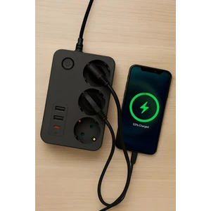 Üçlü Akım Korumalı Çocuk Korumalı 2x USB 1x Type-C Grup Priz Uzatma 2 mt Kablolu