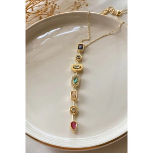 7 Renk Element Kristal Taşlı Y Şekilli Kolye Kararmaz Gold Kadın Kristal Taşlı Çelik Kolye