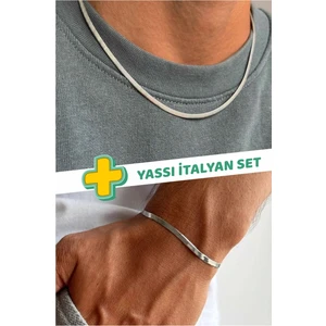 Unisex Kararmaz Paslanmaz Garantili Yassı Italyan Çelik Kolye Bileklik Set