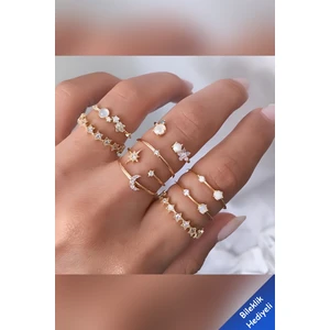 9'lu Kombin Eklem Gold Taşlı Yüzük Set