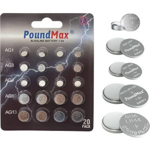 Poundmax 20 Adet AG1,AG3,AG4,AG13 Alkalin Karışık Pil