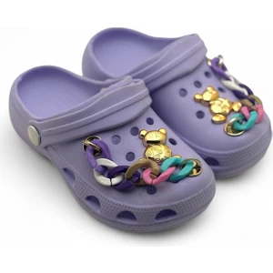 Kız Çocuk Lila Renk Eva Malzemeli Zincir Detaylı Altın Ayıcık Figürlü Rahat ve Kaymaz Tabanlı Günlük Terlik