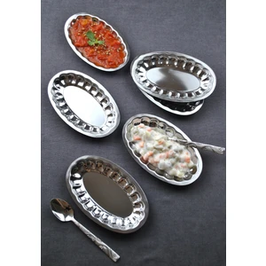 6'lı Çelik Dilimli Küçük Kayık Tabak Dilimli Kayık Tabağı Mini Meze Kahvaltı Sunum Kase 18X11 cm