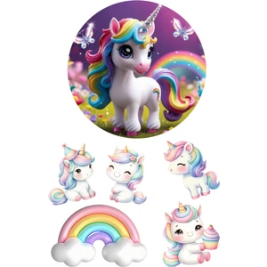 Yenilebilir Yuvarlak Pasta ve Figür Resim Baskısı Şekerli Kağıt Unicorn Temalı 29