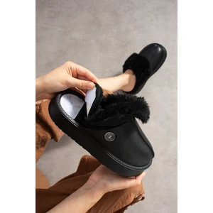 Kadın Siyah Terlik Içi Kürklü Kalın Taban Su Geçirmez Yıkanabilir Günlük Terlik