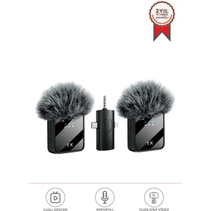 F11-2 Type-C + Lightning + Aux 2li 3in1 Kablosuz Yaka Mikrofonu