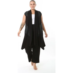 Kadın Büyük Beden Asimetrik Kesim Yelek Esnek Viskon Hırka 25005 Siyah