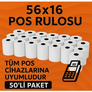 56X16 Termal Pos Kağıdı Rulosu 50'li - Tüm Pos Cihazlara Uyumlu