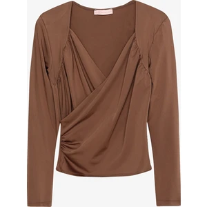 Kruvaze Yaka Drapeli Uzun Kollu Bluz Kahverengi