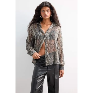 Regular Fit Yılan Derisi Desenli Şifon Uzun Kollu Gömlek G0243AX25AU
