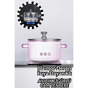 Lilimor Ayıcık Figürlü Isıya Dayanıklı Cam Tencere 1700CC Borosilikat Lila Mor